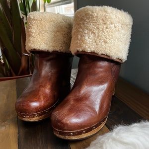UGG Lynea Shearling Clog Boots Wood Heel Cognac Brown